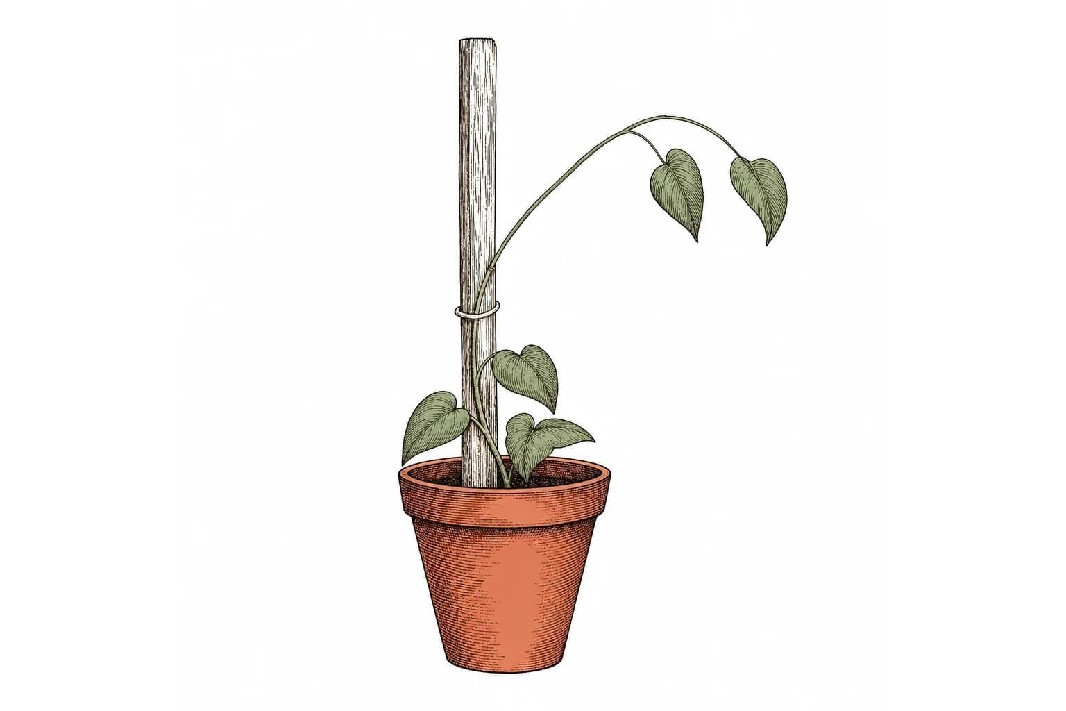 A climbing plant in a terracotta pot, loosely tied to a straight support, with its upper shoot curving into open space